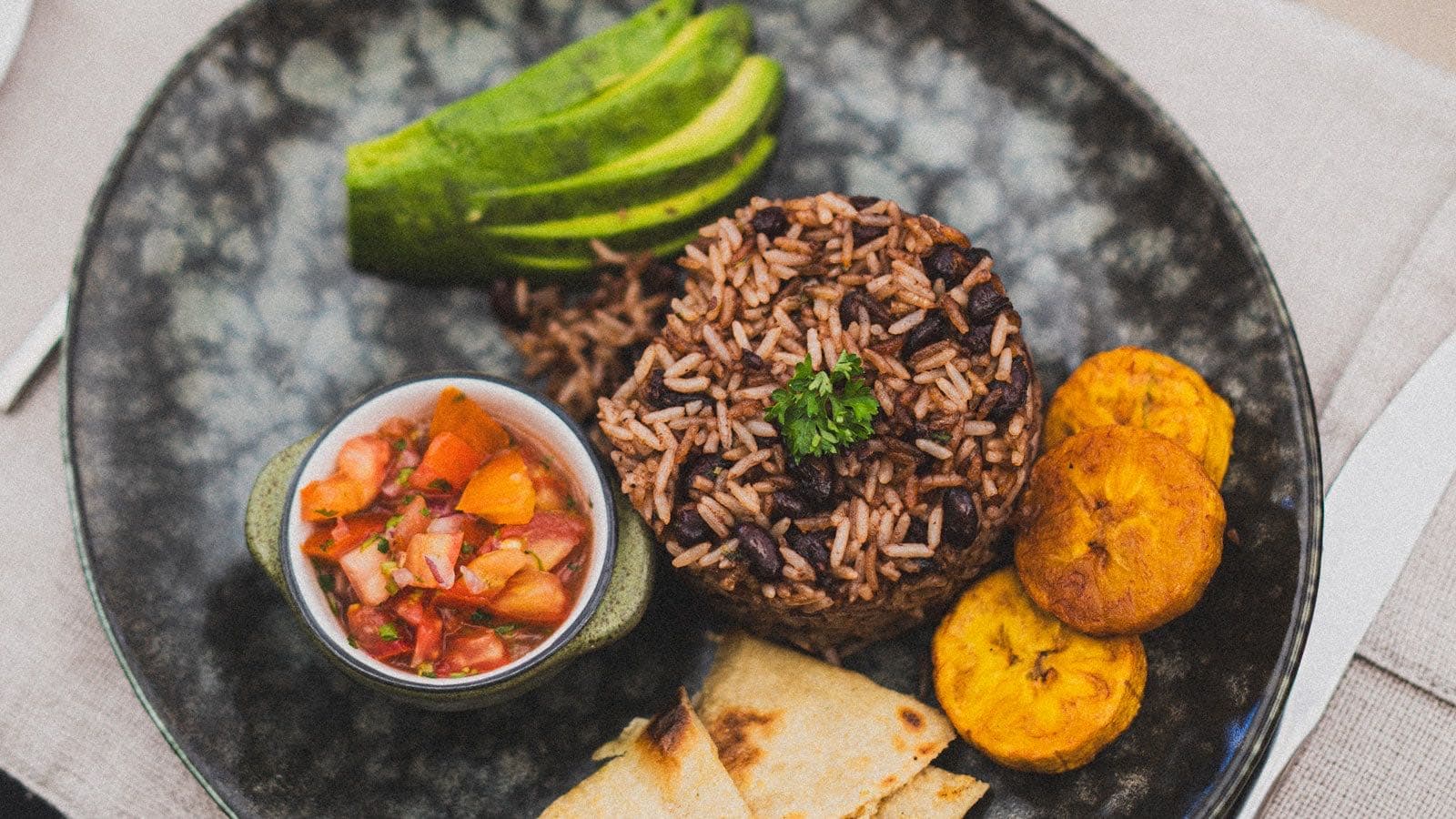 A plate of gallo pinto, the classic Costa Rican breakfast dish